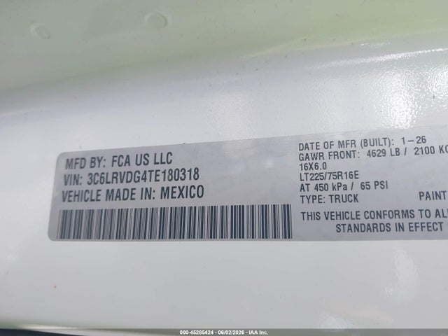 45285424 :رقم المزاد ، 3C6LRVDG4TE180318 vin ، 2026 Ram Promaster 2500 Tradesman High Roof 159 Wb W/pass Seat مزاد بيع