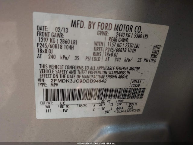 Продажа на аукционе авто 2013 Ford Edge Sel, vin: 2FMDK3JC9DBB94842, номер лота: 45285437