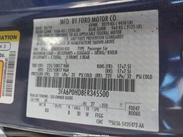 45285438 :رقم المزاد ، 3FA6P0HD8ER345500 vin ، 2014 Ford Fusion Se مزاد بيع
