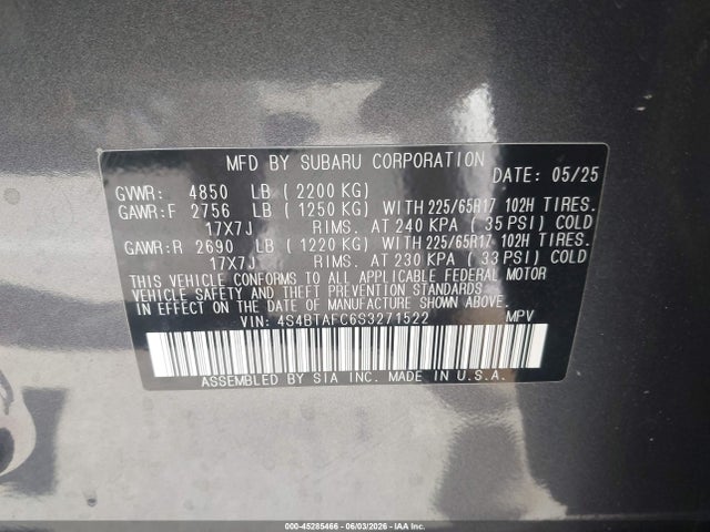 2025 Subaru Outback Premium მანქანა იყიდება აუქციონზე, vin: 4S4BTAFC6S3271522, აუქციონის ნომერი: 45285466