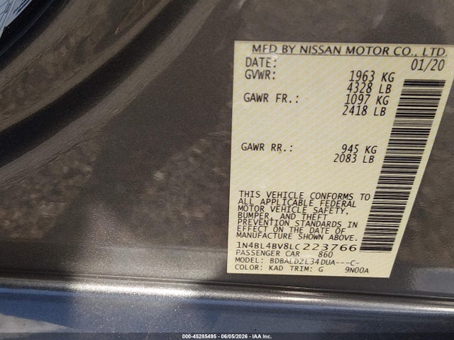 45285495 :رقم المزاد ، 1N4BL4BV8LC223766 vin ، 2020 Nissan Altima S Fwd مزاد بيع