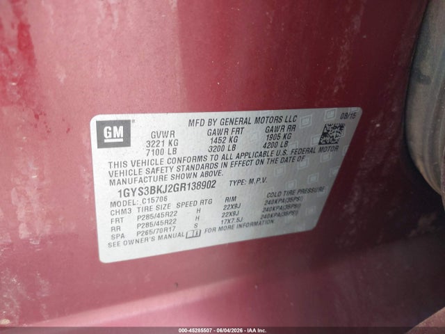 45285507 :رقم المزاد ، 1GYS3BKJ2GR138902 vin ، 2016 Cadillac Escalade Luxury Collection مزاد بيع