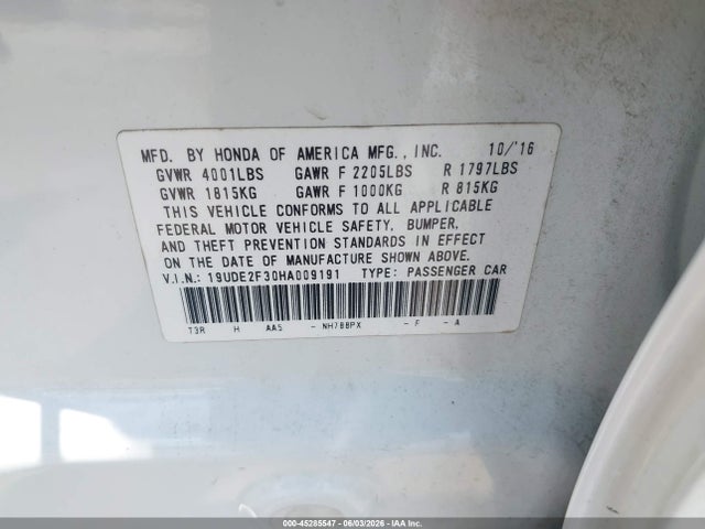45285547 :رقم المزاد ، 19UDE2F30HA009191 vin ، 2017 Acura Ilx Acurawatch Plus Package مزاد بيع