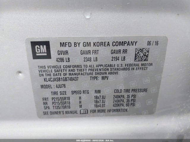 Aukcja sprzedaży 2016 Buick Encore, vin: KL4CJASB1GB740437, numer aukcji: 45285555