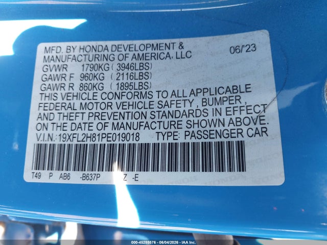 Продажа на аукционе авто 2023 Honda Civic Sport, vin: 19XFL2H81PE019018, номер лота: 45285576