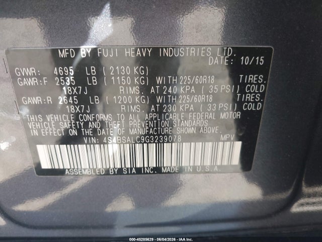 Subaru Outback 2.5i Limited 2016 4S4BSALC9G3239078 Image 9