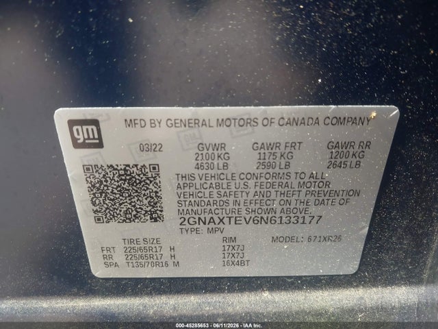 45285653 :رقم المزاد ، 2GNAXTEV6N6133177 vin ، 2022 Chevrolet Equinox Awd 2fl مزاد بيع