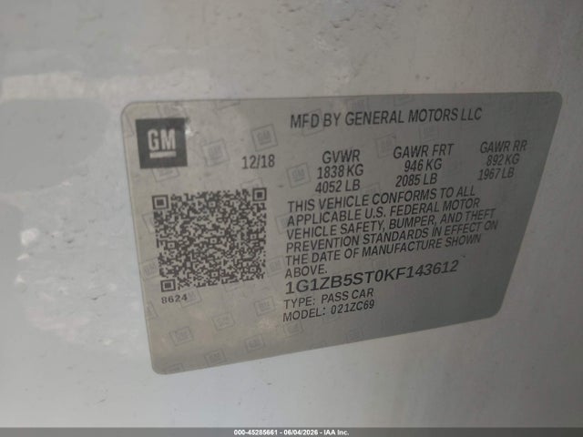 45285661 :رقم المزاد ، 1G1ZB5ST0KF143612 vin ، 2019 Chevrolet Malibu 1ls مزاد بيع