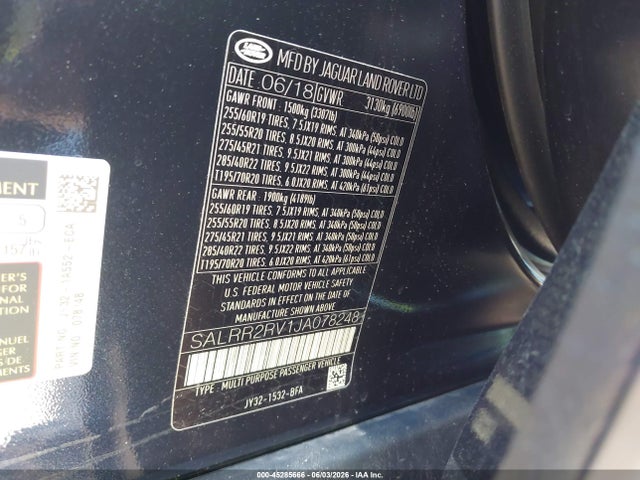 45285666 :رقم المزاد ، SALRR2RV1JA078248 vin ، 2018 Land Rover Discovery Hse مزاد بيع
