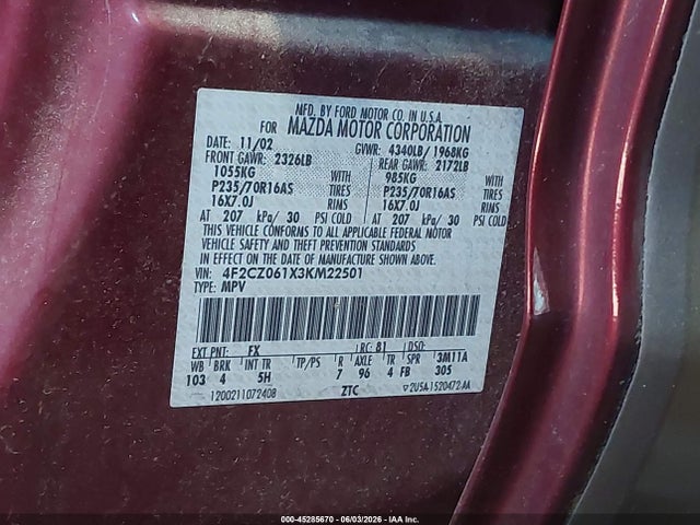 Aukcja sprzedaży 2003 Mazda Tribute Es V6, vin: 4F2CZ061X3KM22501, numer aukcji: 45285670