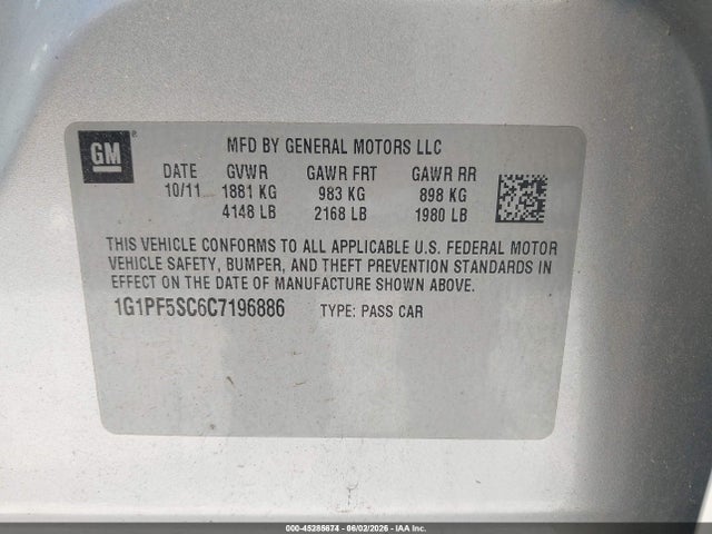 45285674 :رقم المزاد ، 1G1PF5SC6C7196886 vin ، 2012 Chevrolet Cruze 1lt مزاد بيع