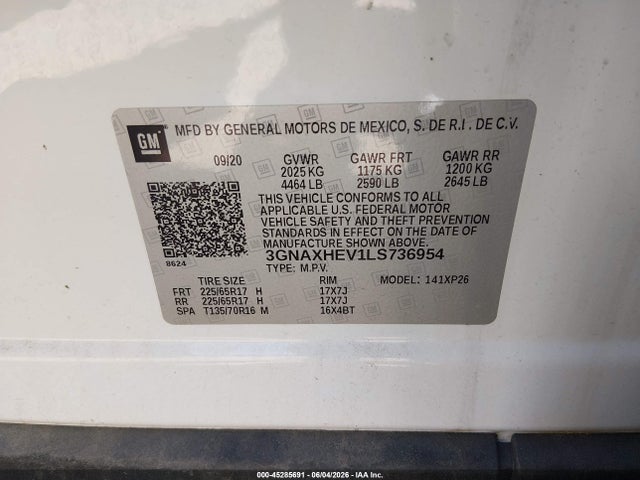 2020 Chevrolet Equinox Fwd Ls მანქანა იყიდება აუქციონზე, vin: 3GNAXHEV1LS736954, აუქციონის ნომერი: 45285691