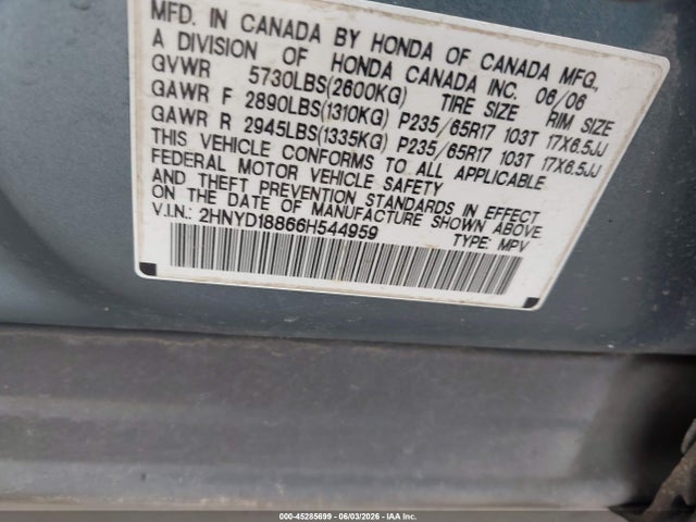 Aukcja sprzedaży 2006 Acura Mdx, vin: 2HNYD18866H544959, numer aukcji: 45285699