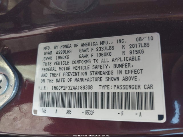 45285715 :رقم المزاد ، 1HGCP2F32AA198308 vin ، 2010 Honda Accord 2.4 Lx مزاد بيع