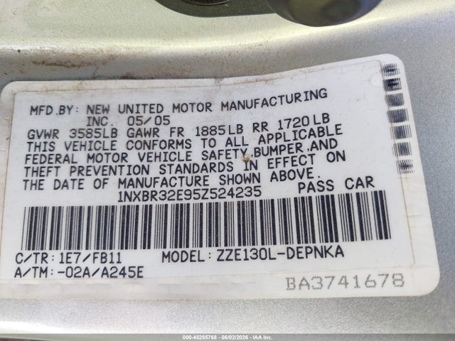 45285768 :رقم المزاد ، 1NXBR32E95Z524235 vin ، 2005 Toyota Corolla Le مزاد بيع