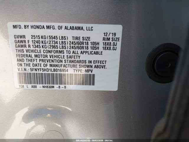 Honda Pilot 2wd Ex 2020 5FNYF5H31LB016954 Image 9