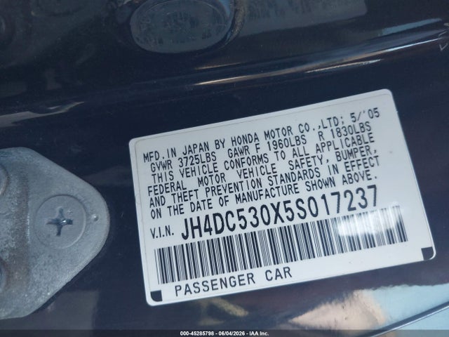2005 Acura Rsx Type S მანქანა იყიდება აუქციონზე, vin: JH4DC530X5S017237, აუქციონის ნომერი: 45285798