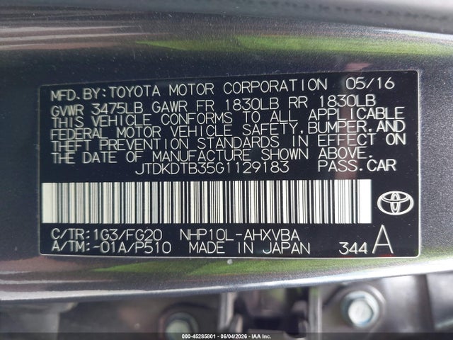 Toyota Prius C Two 2016 JTDKDTB35G1129183 Image 9