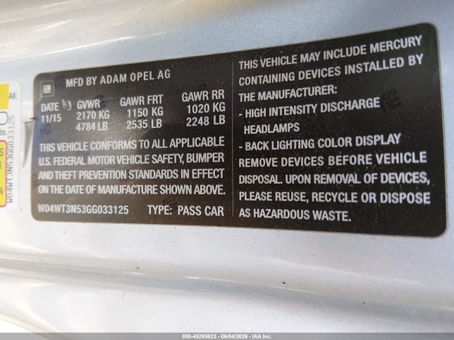 Продаж на аукціоні авто 2016 Buick Cascada Premium, vin: W04WT3N53GG033125, номер лоту: 45285823