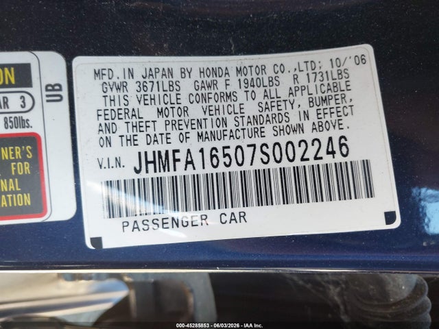 Продажа на аукционе авто 2007 Honda Civic Lx, vin: JHMFA16507S002246, номер лота: 45285853