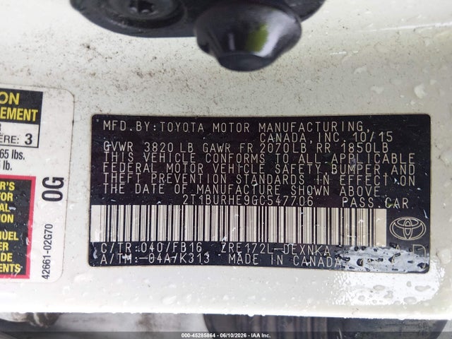 45285864 :رقم المزاد ، 2T1BURHE9GC547706 vin ، 2016 Toyota Corolla Le مزاد بيع