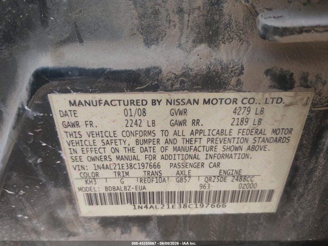 2008 Nissan Altima 2.5 S მანქანა იყიდება აუქციონზე, vin: 1N4AL21E38C197666, აუქციონის ნომერი: 45285867