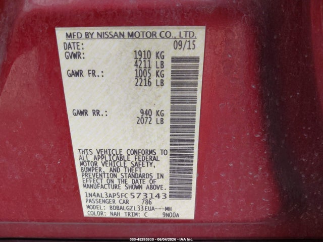 Nissan Altima 2.5 S 2015 1N4AL3AP5FC573143 Image 9
