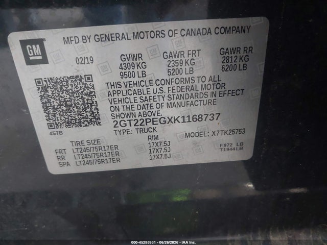 45285931 :رقم المزاد ، 2GT22PEGXK1168737 vin ، 2019 Gmc Sierra 2500hd Sle مزاد بيع