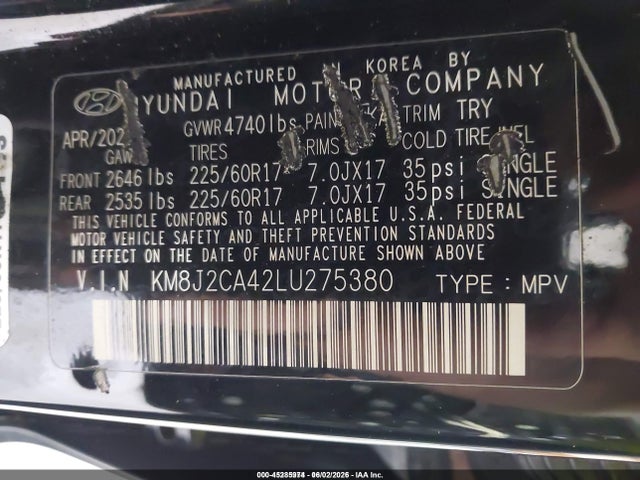 Aukcja sprzedaży 2020 Hyundai Tucson Se, vin: KM8J2CA42LU275380, numer aukcji: 45285974