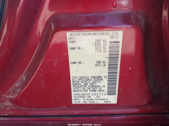 45286011 :رقم المزاد ، 1N4BL3AP2EC107723 vin ، 2014 Nissan Altima 3.5 Sl مزاد بيع