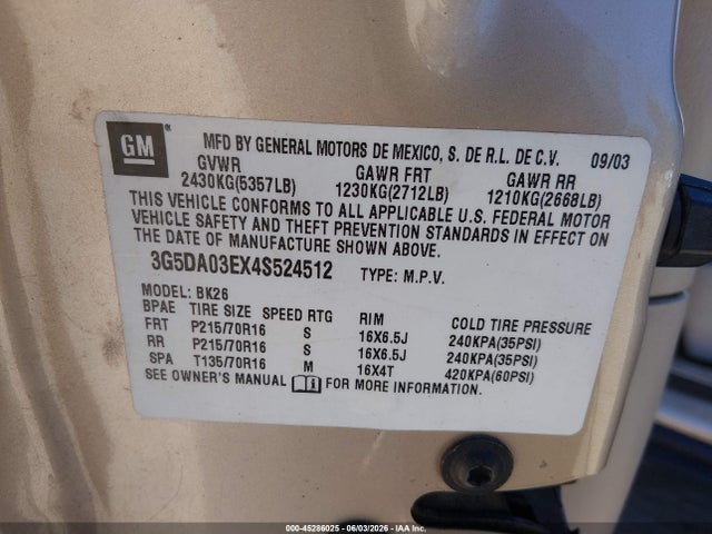 Aukcja sprzedaży 2004 Buick Rendezvous Cx, vin: 3G5DA03EX4S524512, numer aukcji: 45286025