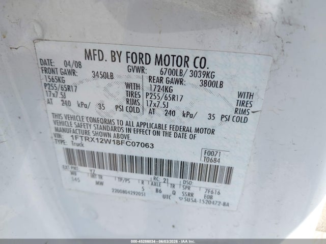 45286034 :رقم المزاد ، 1FTRX12W18FC07063 vin ، 2008 Ford F-150 Fx2/stx/xl/xlt مزاد بيع