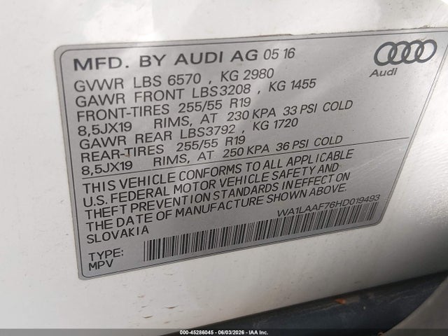 Продаж на аукціоні авто 2017 Audi Q7 3.0t Premium, vin: WA1LAAF76HD019493, номер лоту: 45286045