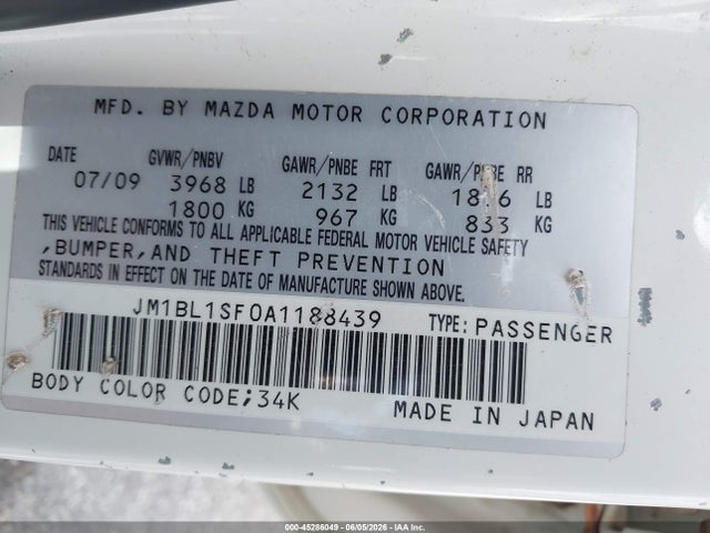 45286049 :رقم المزاد ، JM1BL1SF0A1188439 vin ، 2010 Mazda Mazda3 I Touring مزاد بيع