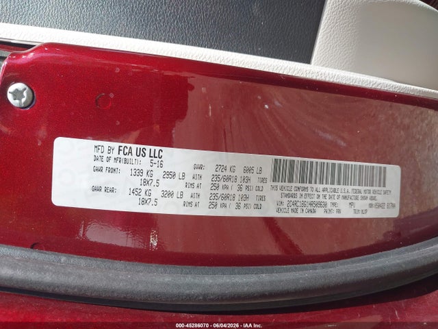 Продаж на аукціоні авто 2017 Chrysler Pacifica Touring-l, vin: 2C4RC1BG1HR509630, номер лоту: 45286070