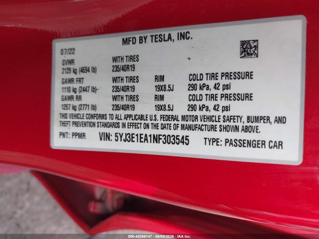 Продажа на аукционе авто 2022 Tesla Model 3 Rear-wheel Drive, vin: 5YJ3E1EA1NF303545, номер лота: 45286147