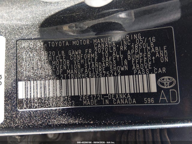 2T1BURHE8GC675242 Toyota COROLLA LE