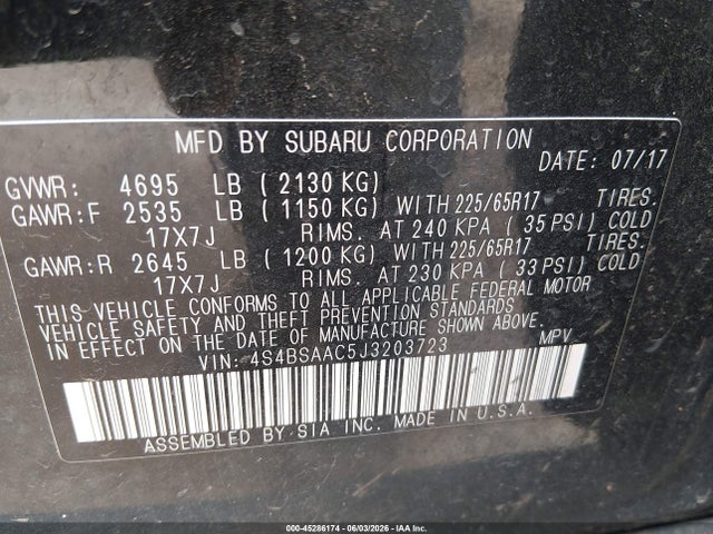 2018 Subaru Outback 2.5i მანქანა იყიდება აუქციონზე, vin: 4S4BSAAC5J3203723, აუქციონის ნომერი: 45286174