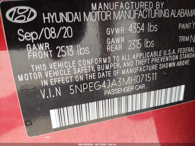 Auction sale of the 2021 Hyundai Sonata Se, vin: 5NPEG4JA3MH071511, lot number: 45286208
