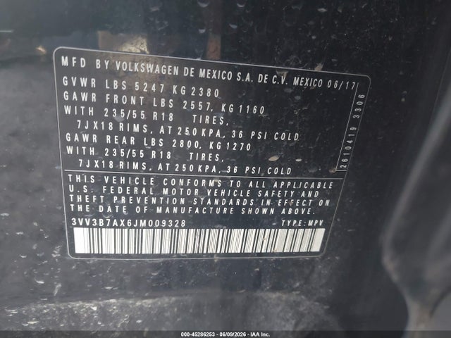 2018 Volkswagen Tiguan 2.0t Se/2.0t Sel მანქანა იყიდება აუქციონზე, vin: 3VV3B7AX6JM009328, აუქციონის ნომერი: 45286253