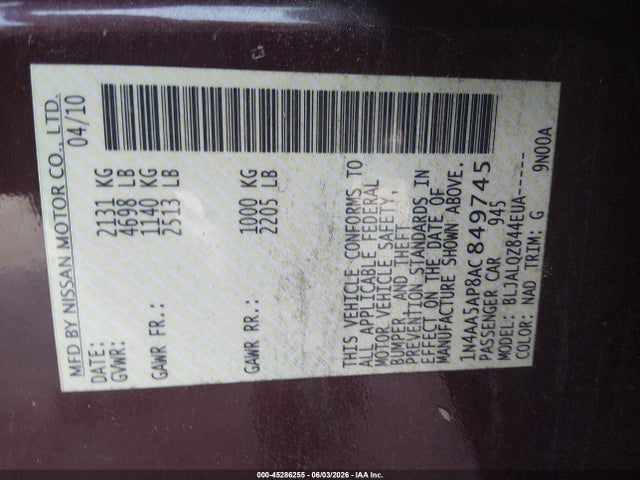 Продажа на аукционе авто 2010 Nissan Maxima 3.5 S, vin: 1N4AA5AP8AC849745, номер лота: 45286255