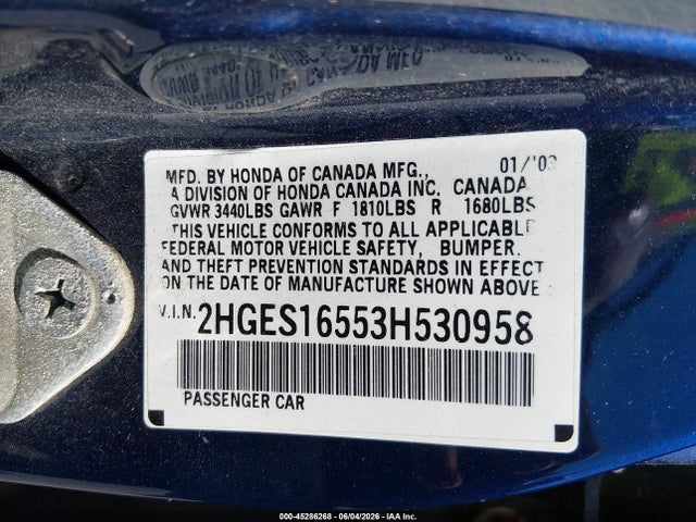 Продажа на аукционе авто 2003 Honda Civic Lx, vin: 2HGES16553H530958, номер лота: 45286268