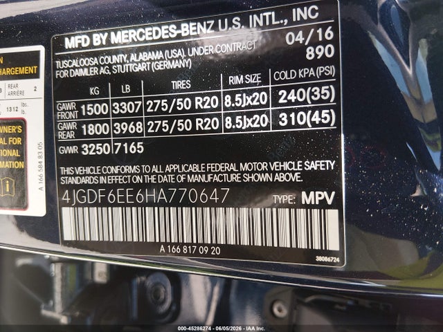 45286274 :رقم المزاد ، 4JGDF6EE6HA770647 vin ، 2017 Mercedes-benz Gls 450 4matic مزاد بيع