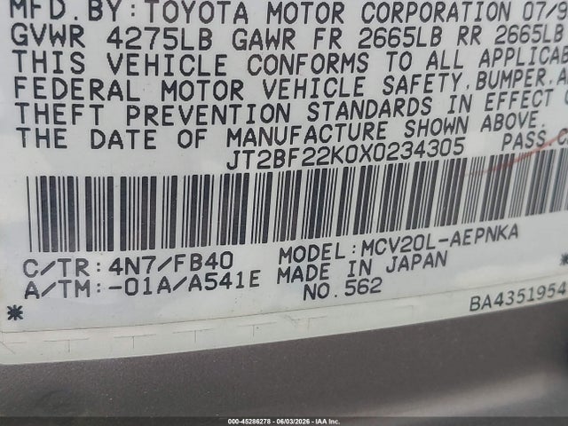 Продажа на аукционе авто 1999 Toyota Camry Le V6, vin: JT2BF22K0X0234305, номер лота: 45286278