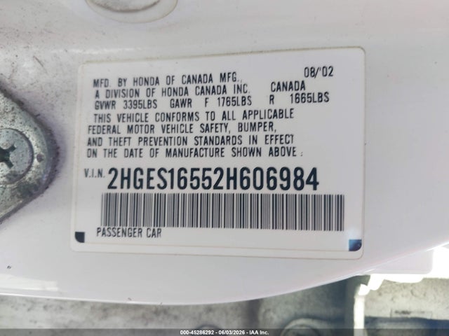 45286292 :رقم المزاد ، 2HGES16552H606984 vin ، 2002 Honda Civic Lx مزاد بيع