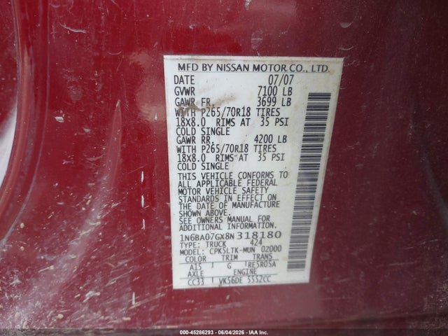 Продаж на аукціоні авто 2008 Nissan Titan Se, vin: 1N6BA07GX8N318180, номер лоту: 45286293