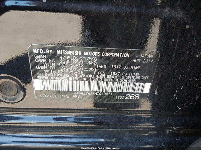 Продаж на аукціоні авто 2017 Mitsubishi Outlander Es, vin: JA4AZ2A37HZ049471, номер лоту: 45286309