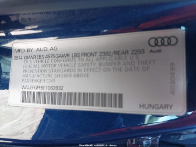 45286322 :رقم المزاد ، WAUEFGFF9F1063932 vin ، 2015 Audi A3 2.0t Premium مزاد بيع
