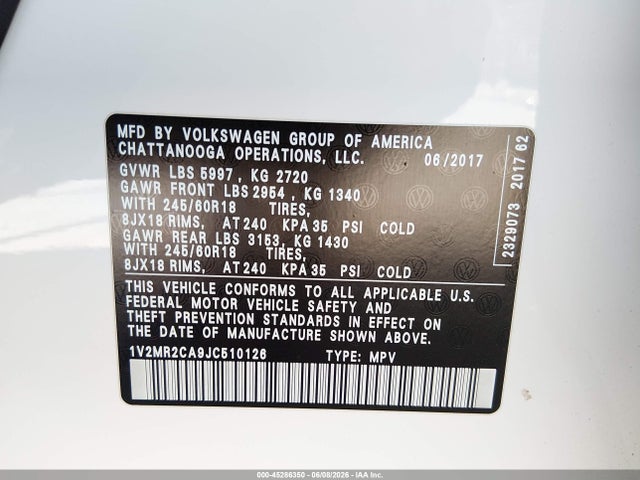 Продажа на аукционе авто 2018 Volkswagen Atlas 3.6l V6 Sel, vin: 1V2MR2CA9JC510126, номер лота: 45286350