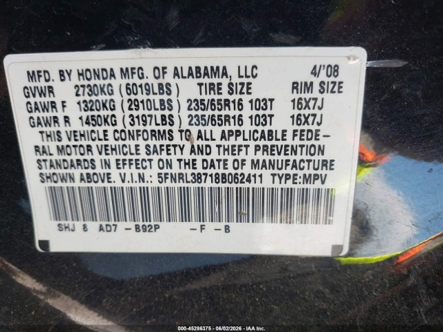 45286375 :رقم المزاد ، 5FNRL38718B062411 vin ، 2008 Honda Odyssey Ex-l مزاد بيع